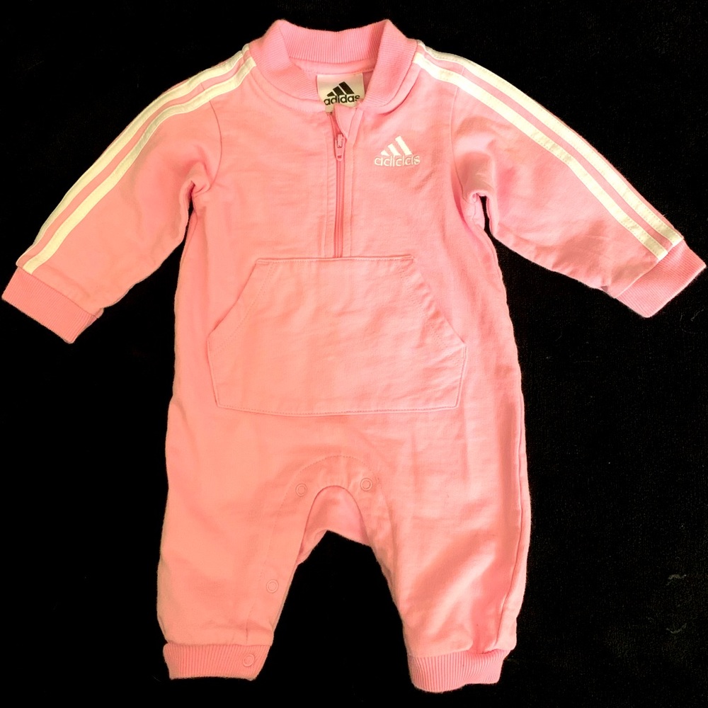 ADIDAS BABY GIRL PINK SWEAT ATHLETIC OUTFIT COVERALLS 3 mo